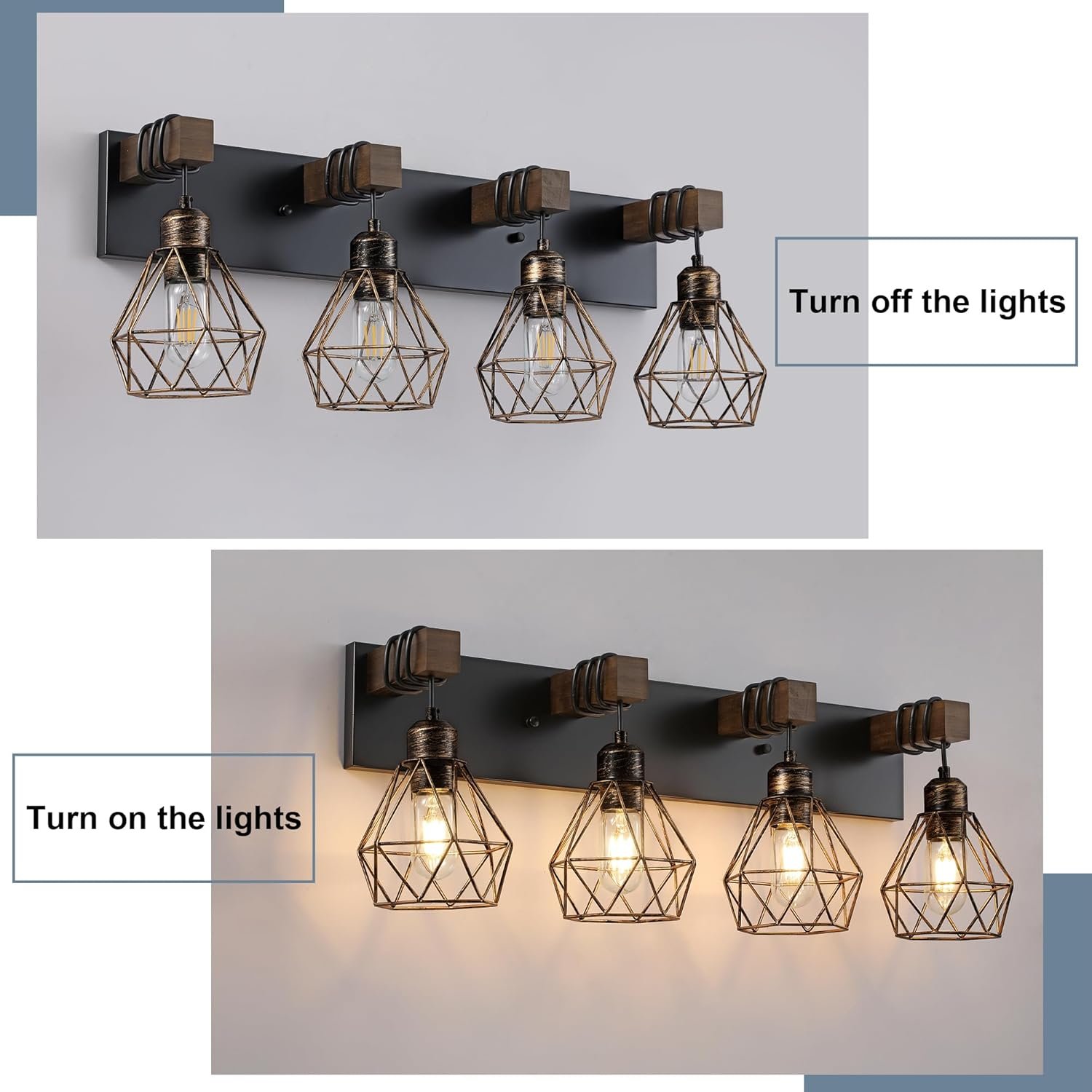 Lámpara de tocador de granja para baño, 3 luces de madera para tocador de baño, apliques rústicos con pantalla de metal para sala de estar, dormitorio, pasillo - Imagen 21