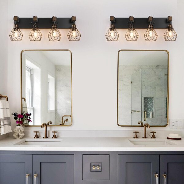 Lámpara de tocador de granja para baño, 3 luces de madera para tocador de baño, apliques rústicos con pantalla de metal para sala de estar, dormitorio, pasillo - Imagen 22
