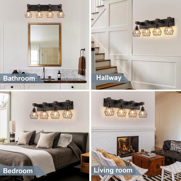 Lámpara de tocador de granja para baño, 3 luces de madera para tocador de baño, apliques rústicos con pantalla de metal para sala de estar, dormitorio, pasillo - Imagen 23