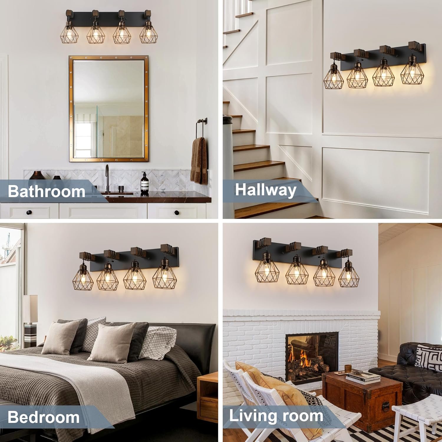 Lámpara de tocador de granja para baño, 3 luces de madera para tocador de baño, apliques rústicos con pantalla de metal para sala de estar, dormitorio, pasillo - Imagen 23