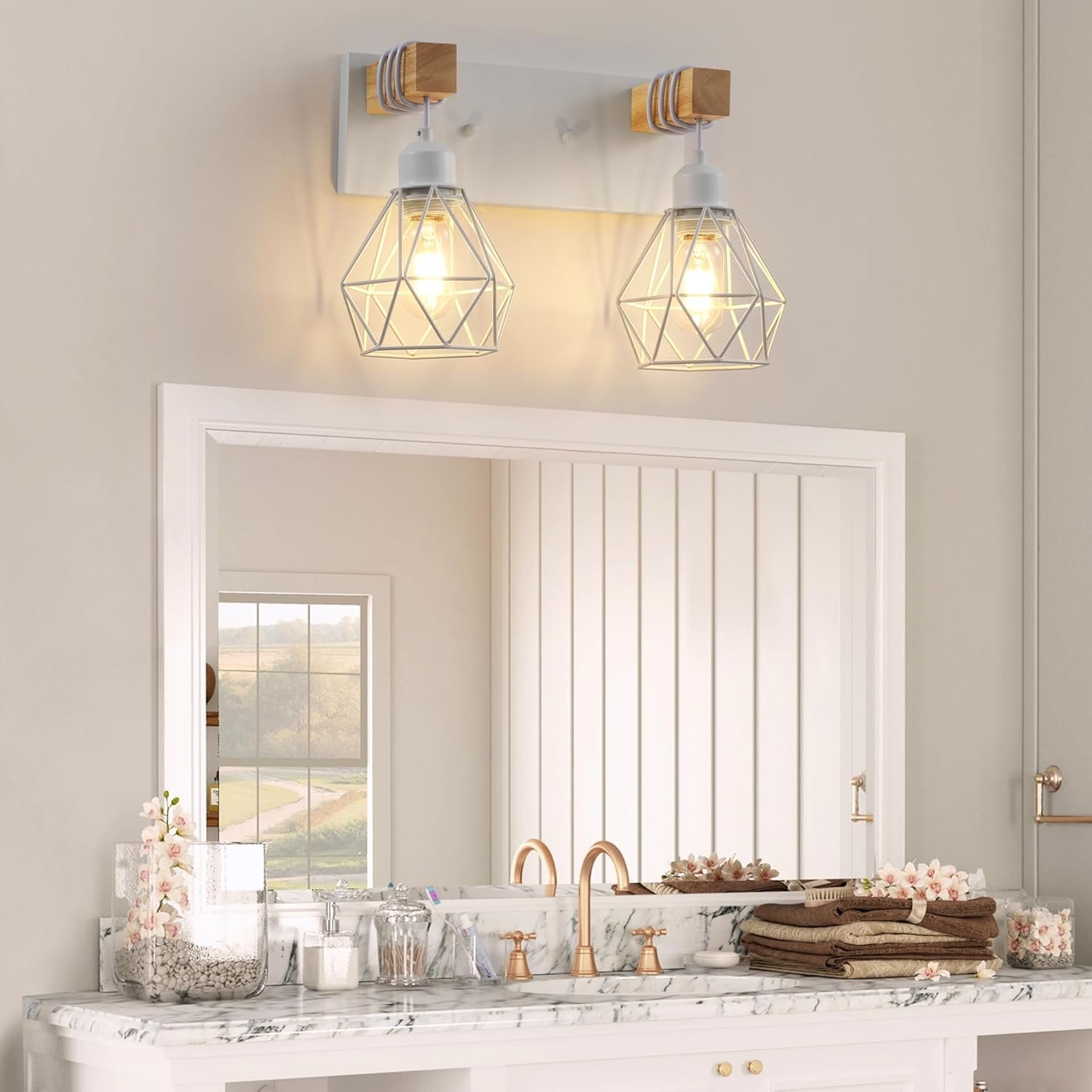 Lámpara de tocador de granja para baño, 3 luces de madera para tocador de baño, apliques rústicos con pantalla de metal para sala de estar, dormitorio, pasillo - Imagen 25