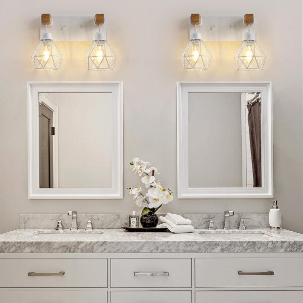 Lámpara de tocador de granja para baño, 3 luces de madera para tocador de baño, apliques rústicos con pantalla de metal para sala de estar, dormitorio, pasillo - Imagen 30