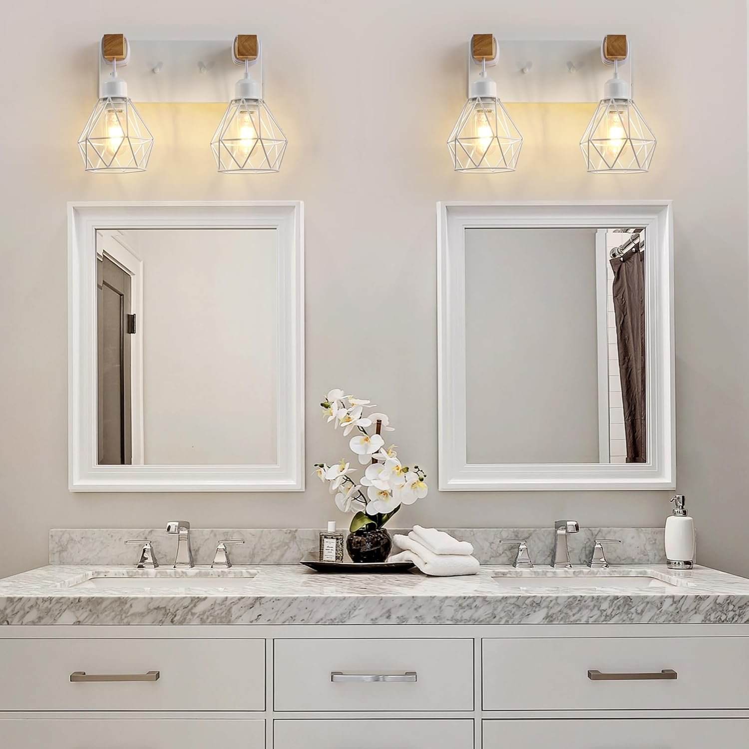 Lámpara de tocador de granja para baño, 3 luces de madera para tocador de baño, apliques rústicos con pantalla de metal para sala de estar, dormitorio, pasillo - Imagen 30