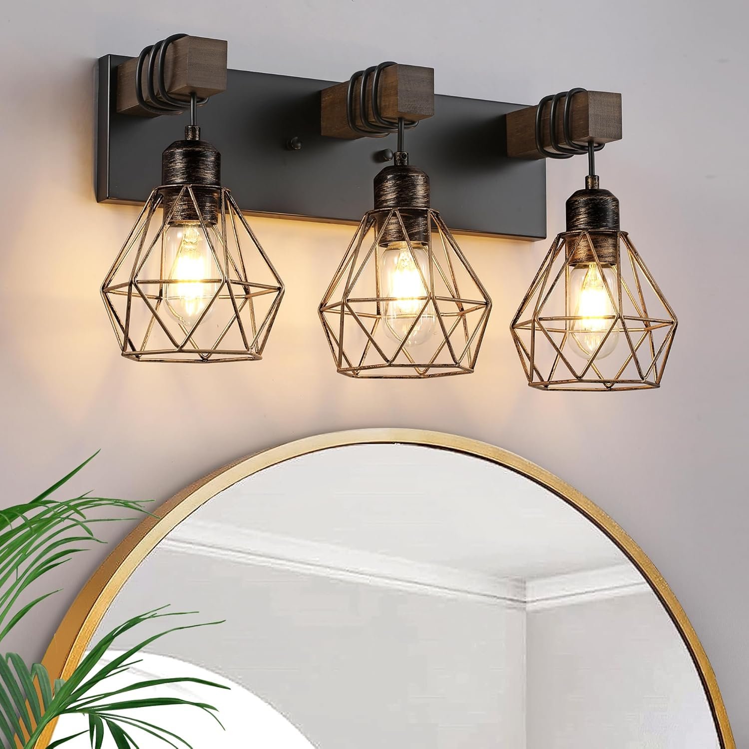 Lámpara de tocador de granja para baño, 3 luces de madera para tocador de baño, apliques rústicos con pantalla de metal para sala de estar, dormitorio, pasillo - Imagen 31