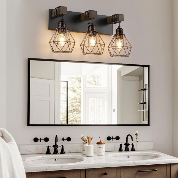 Lámpara de tocador de granja para baño, 3 luces de madera para tocador de baño, apliques rústicos con pantalla de metal para sala de estar, dormitorio, pasillo - Imagen 32