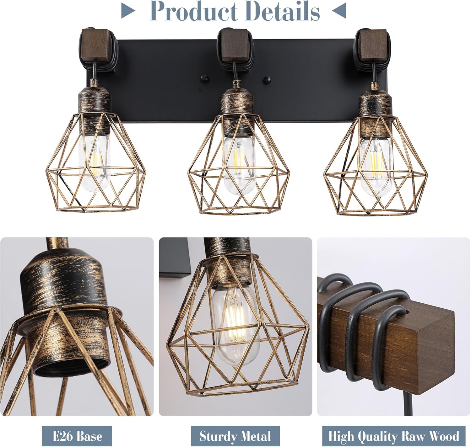 Lámpara de tocador de granja para baño, 3 luces de madera para tocador de baño, apliques rústicos con pantalla de metal para sala de estar, dormitorio, pasillo - Imagen 33