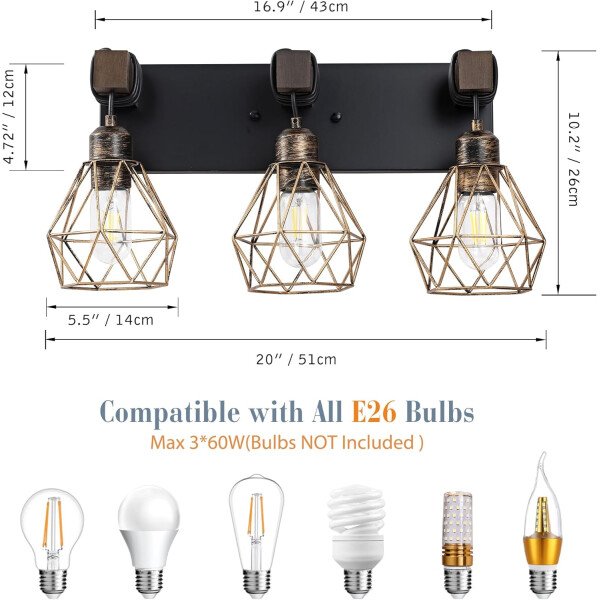 Lámpara de tocador de granja para baño, 3 luces de madera para tocador de baño, apliques rústicos con pantalla de metal para sala de estar, dormitorio, pasillo - Imagen 34
