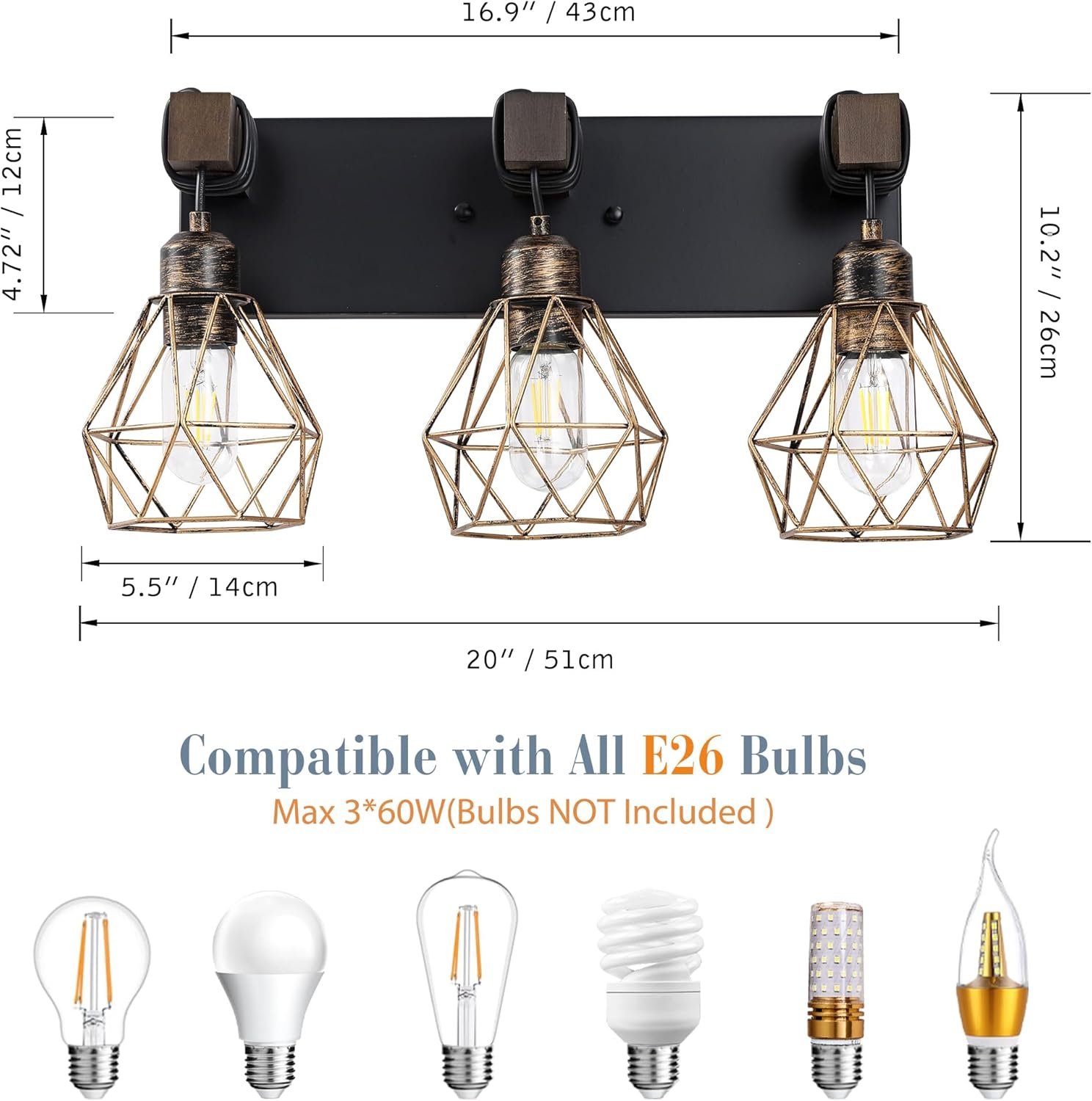 Lámpara de tocador de granja para baño, 3 luces de madera para tocador de baño, apliques rústicos con pantalla de metal para sala de estar, dormitorio, pasillo - Imagen 34