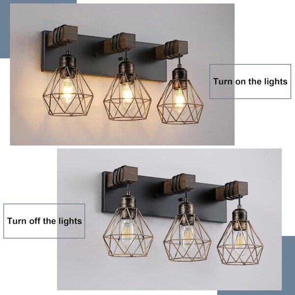 Lámpara de tocador de granja para baño, 3 luces de madera para tocador de baño, apliques rústicos con pantalla de metal para sala de estar, dormitorio, pasillo - Imagen 35