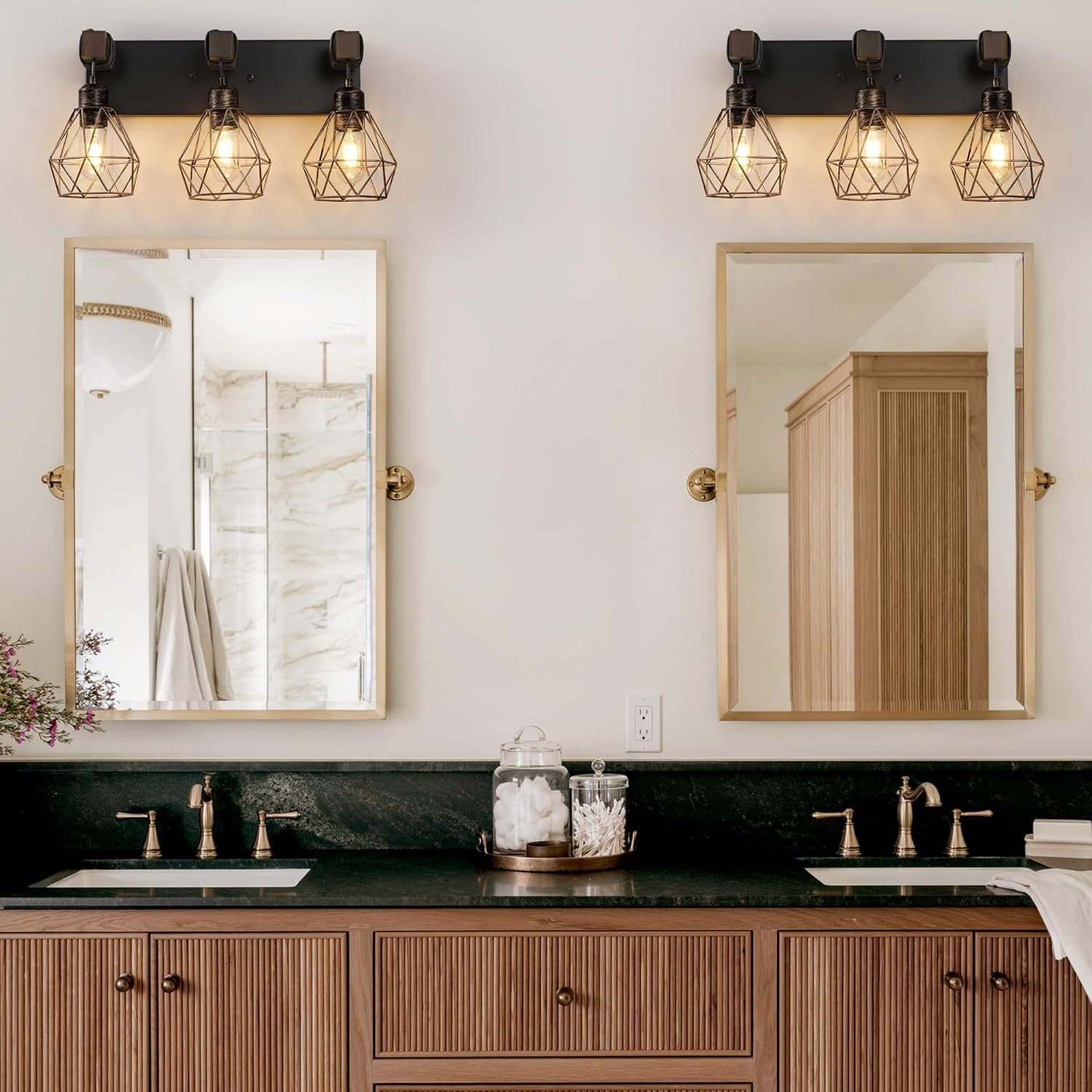 Lámpara de tocador de granja para baño, 3 luces de madera para tocador de baño, apliques rústicos con pantalla de metal para sala de estar, dormitorio, pasillo - Imagen 36