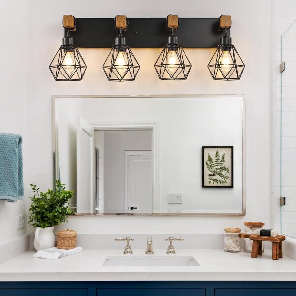 Lámpara de tocador de granja para baño, 3 luces de madera para tocador de baño, apliques rústicos con pantalla de metal para sala de estar, dormitorio, pasillo - Imagen 39