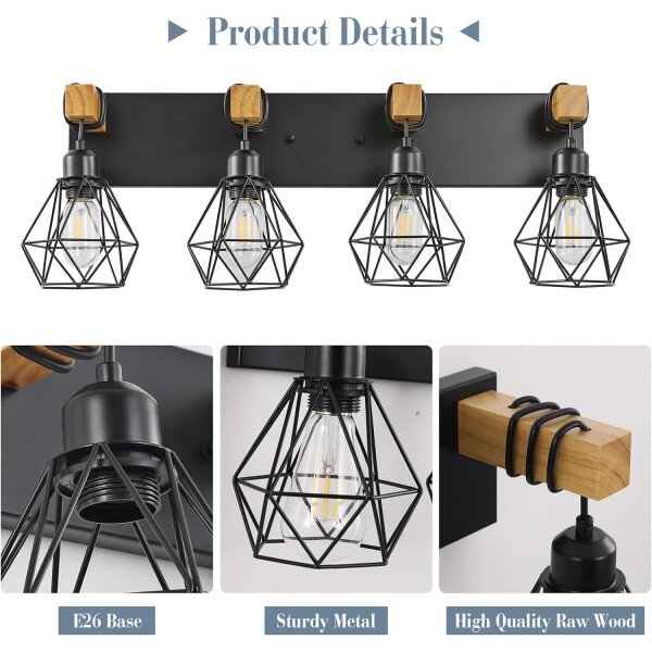 Lámpara de tocador de granja para baño, 3 luces de madera para tocador de baño, apliques rústicos con pantalla de metal para sala de estar, dormitorio, pasillo - Imagen 40