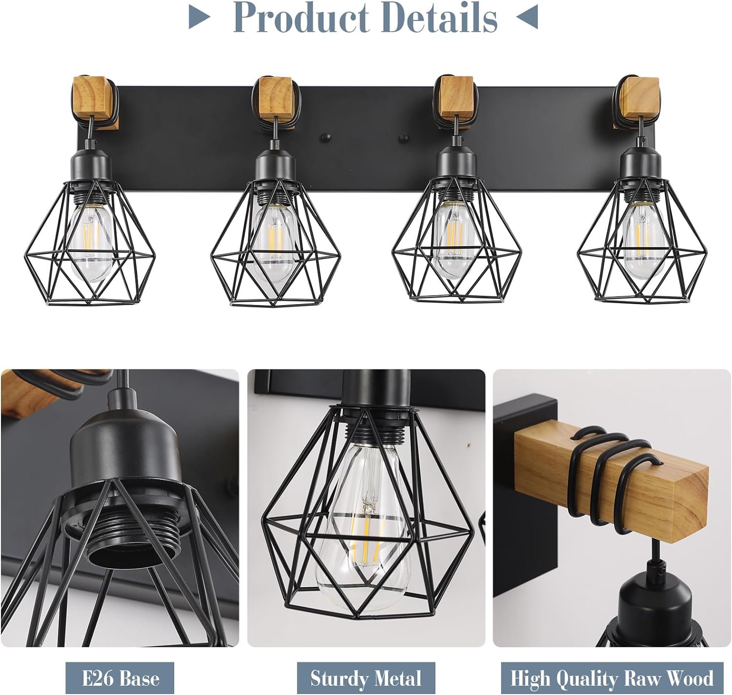 Lámpara de tocador de granja para baño, 3 luces de madera para tocador de baño, apliques rústicos con pantalla de metal para sala de estar, dormitorio, pasillo - Imagen 40