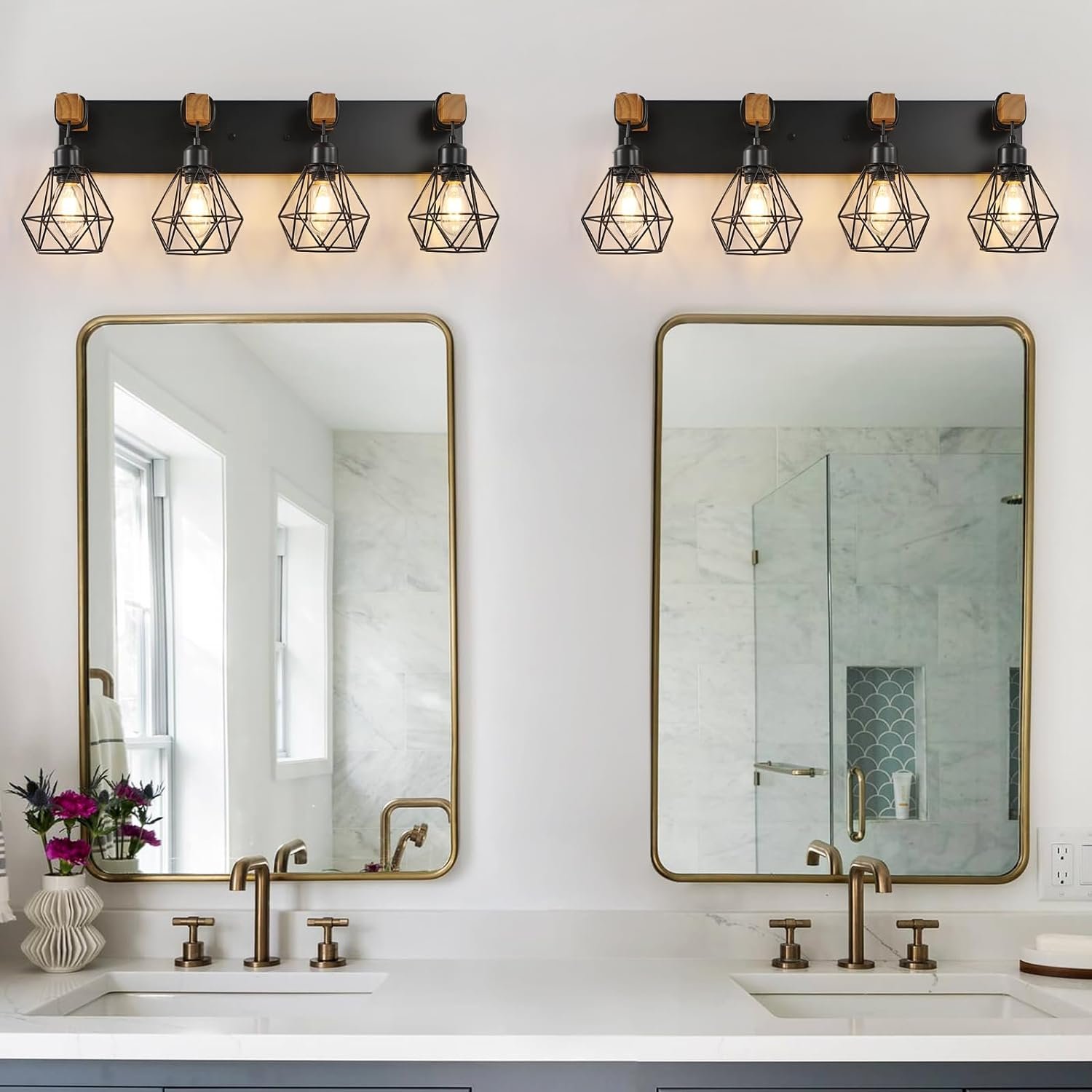 Lámpara de tocador de granja para baño, 3 luces de madera para tocador de baño, apliques rústicos con pantalla de metal para sala de estar, dormitorio, pasillo - Imagen 41