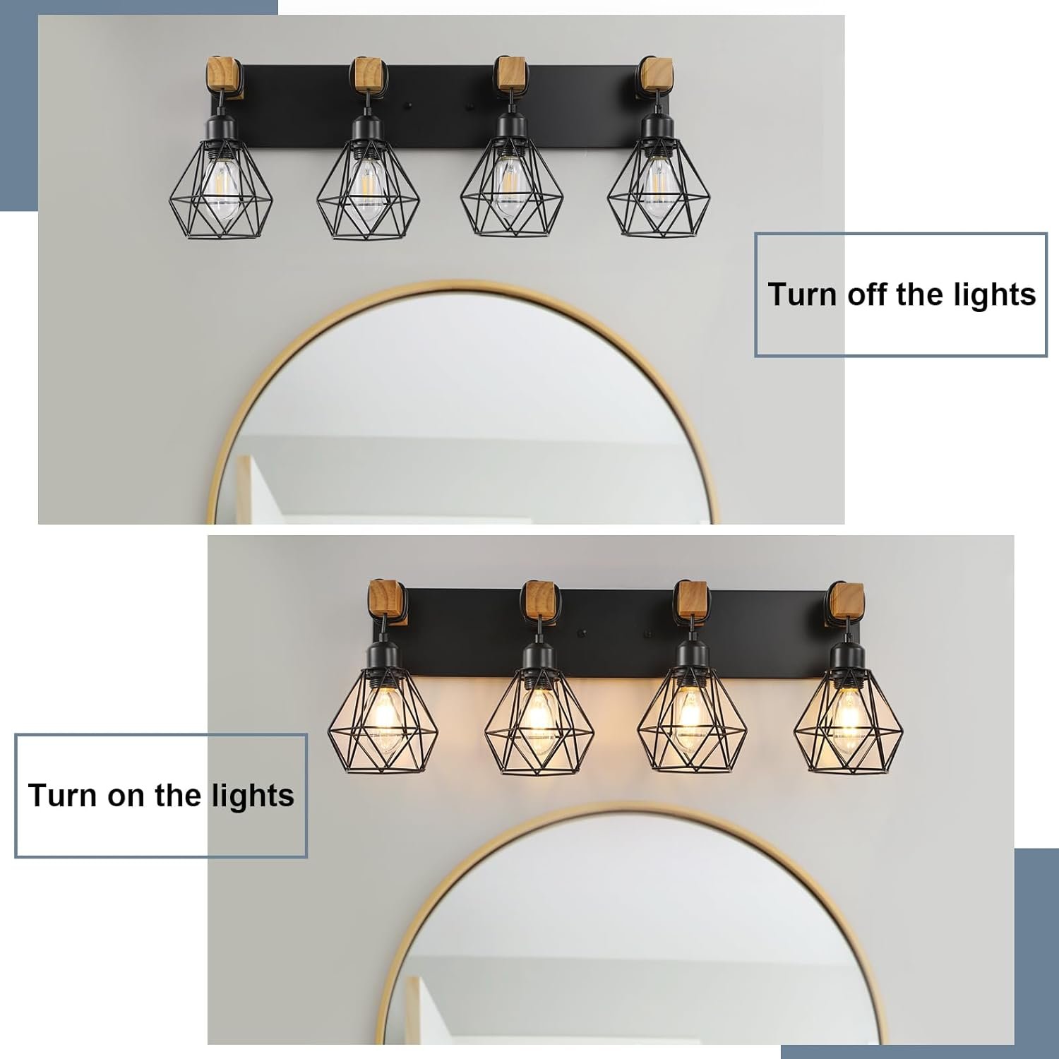 Lámpara de tocador de granja para baño, 3 luces de madera para tocador de baño, apliques rústicos con pantalla de metal para sala de estar, dormitorio, pasillo - Imagen 43