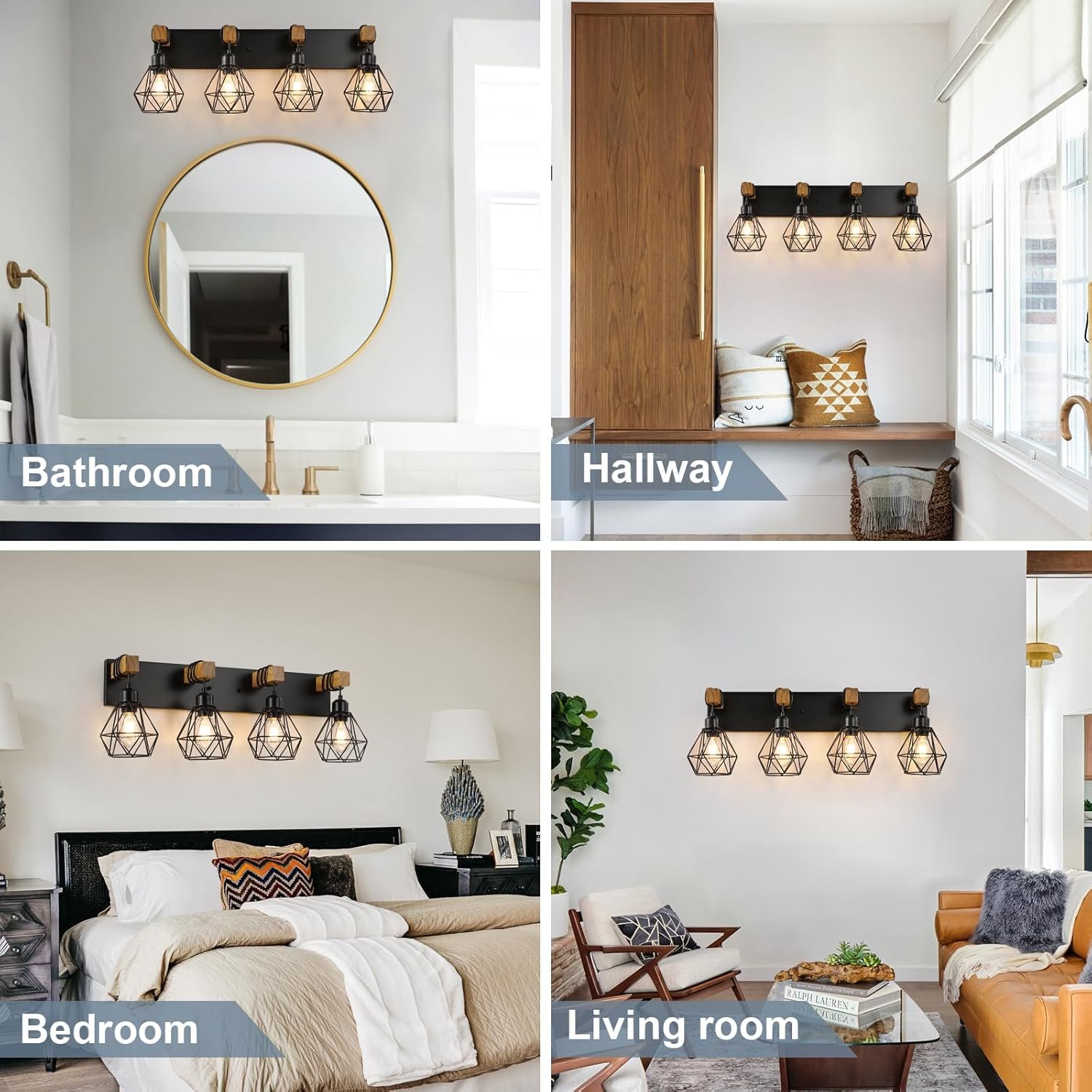 Lámpara de tocador de granja para baño, 3 luces de madera para tocador de baño, apliques rústicos con pantalla de metal para sala de estar, dormitorio, pasillo - Imagen 44