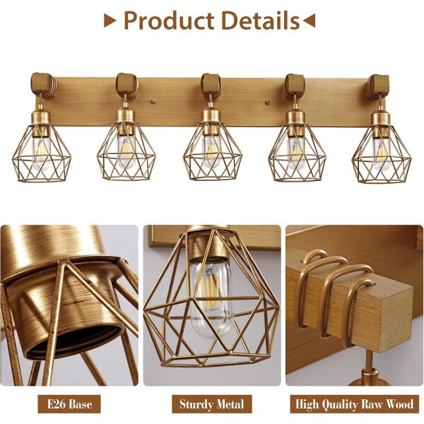 Lámpara de tocador de granja para baño, 3 luces de madera para tocador de baño, apliques rústicos con pantalla de metal para sala de estar, dormitorio, pasillo - Imagen 47