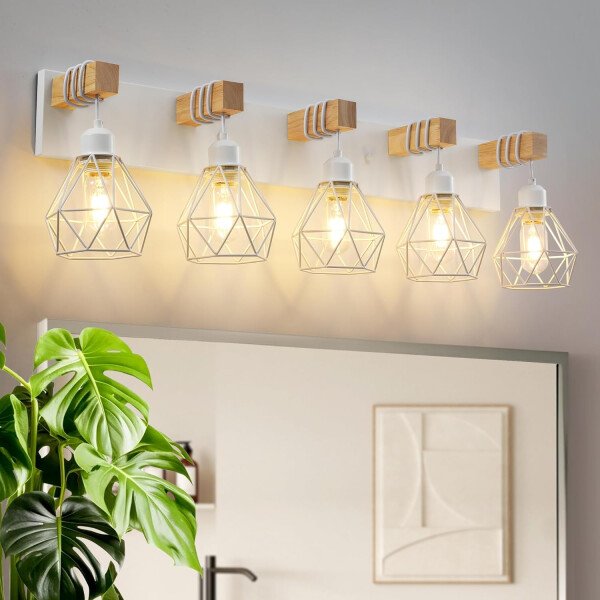 Lámpara de tocador de granja para baño, 3 luces de madera para tocador de baño, apliques rústicos con pantalla de metal para sala de estar, dormitorio, pasillo - Imagen 51