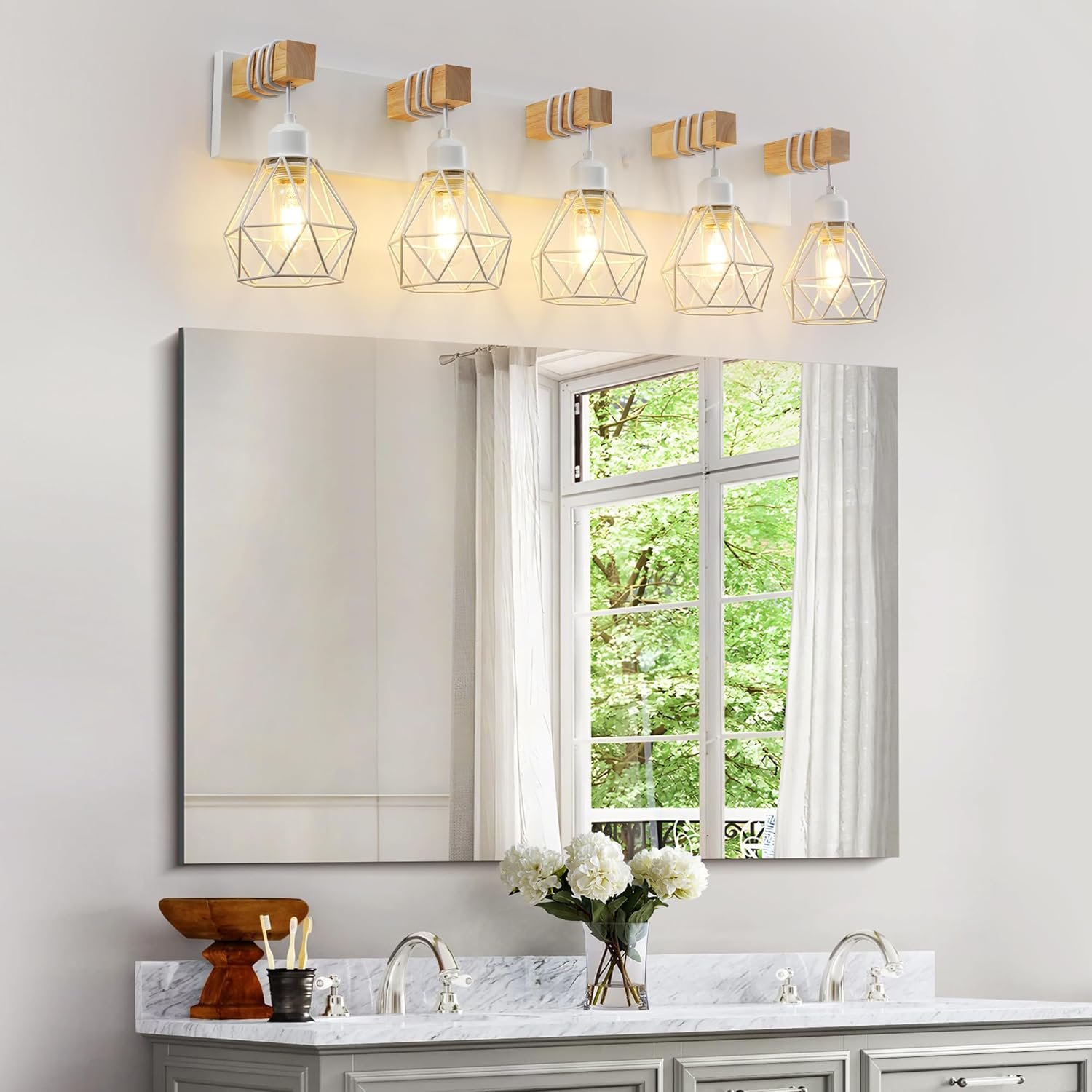 Lámpara de tocador de granja para baño, 3 luces de madera para tocador de baño, apliques rústicos con pantalla de metal para sala de estar, dormitorio, pasillo - Imagen 52