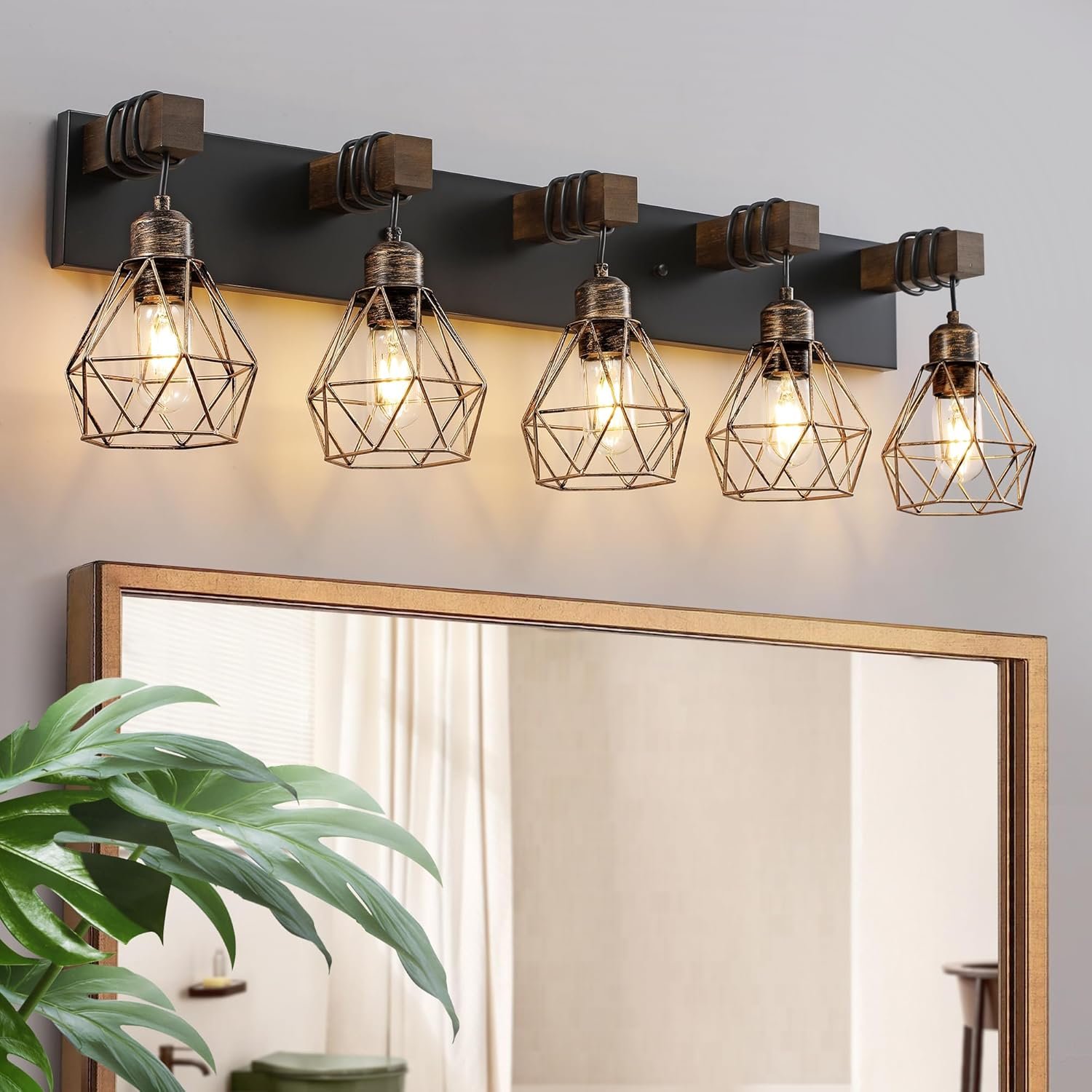 Lámpara de tocador de granja para baño, 3 luces de madera para tocador de baño, apliques rústicos con pantalla de metal para sala de estar, dormitorio, pasillo - Imagen 58