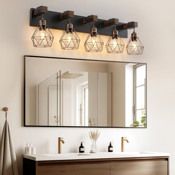 Lámpara de tocador de granja para baño, 3 luces de madera para tocador de baño, apliques rústicos con pantalla de metal para sala de estar, dormitorio, pasillo - Imagen 59