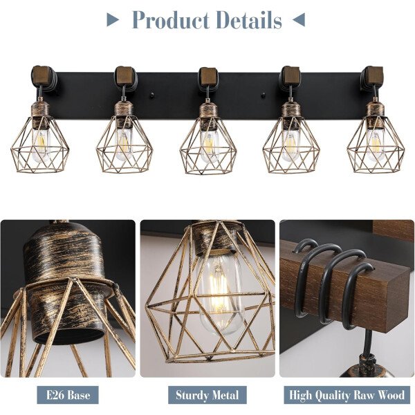 Lámpara de tocador de granja para baño, 3 luces de madera para tocador de baño, apliques rústicos con pantalla de metal para sala de estar, dormitorio, pasillo - Imagen 60