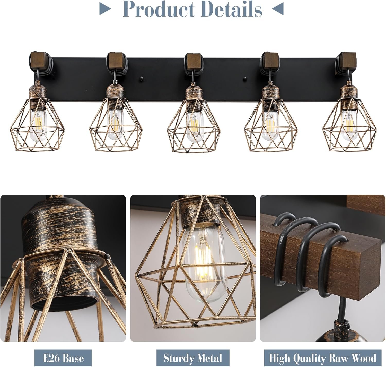 Lámpara de tocador de granja para baño, 3 luces de madera para tocador de baño, apliques rústicos con pantalla de metal para sala de estar, dormitorio, pasillo - Imagen 60