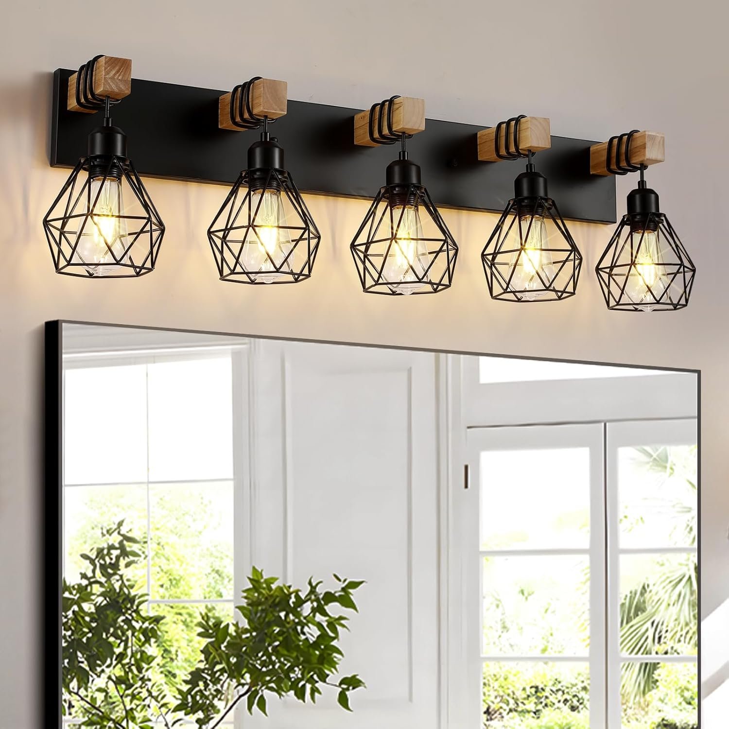 Lámpara de tocador de granja para baño, 3 luces de madera para tocador de baño, apliques rústicos con pantalla de metal para sala de estar, dormitorio, pasillo - Imagen 72