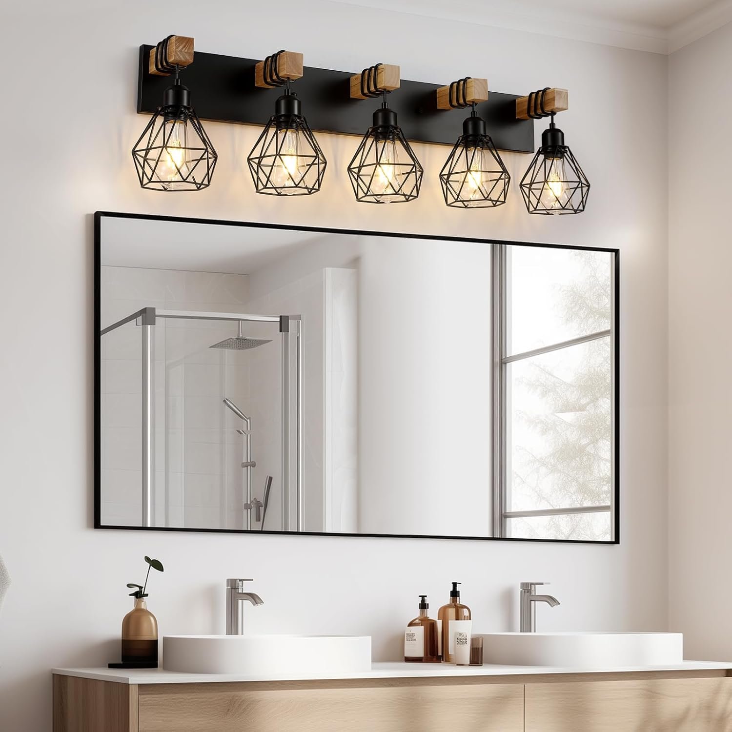 Lámpara de tocador de granja para baño, 3 luces de madera para tocador de baño, apliques rústicos con pantalla de metal para sala de estar, dormitorio, pasillo - Imagen 73