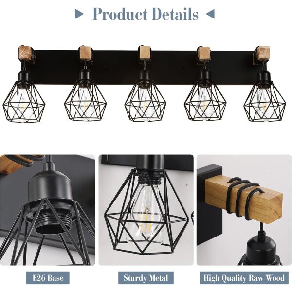 Lámpara de tocador de granja para baño, 3 luces de madera para tocador de baño, apliques rústicos con pantalla de metal para sala de estar, dormitorio, pasillo - Imagen 75