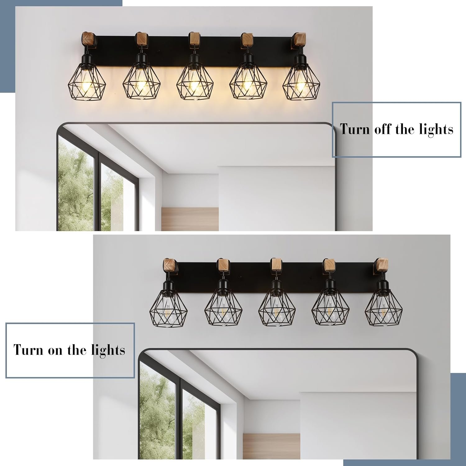 Lámpara de tocador de granja para baño, 3 luces de madera para tocador de baño, apliques rústicos con pantalla de metal para sala de estar, dormitorio, pasillo - Imagen 76
