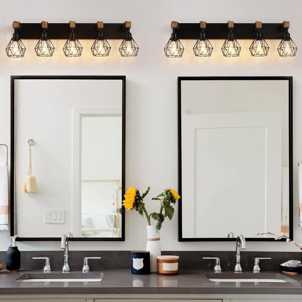 Lámpara de tocador de granja para baño, 3 luces de madera para tocador de baño, apliques rústicos con pantalla de metal para sala de estar, dormitorio, pasillo - Imagen 78
