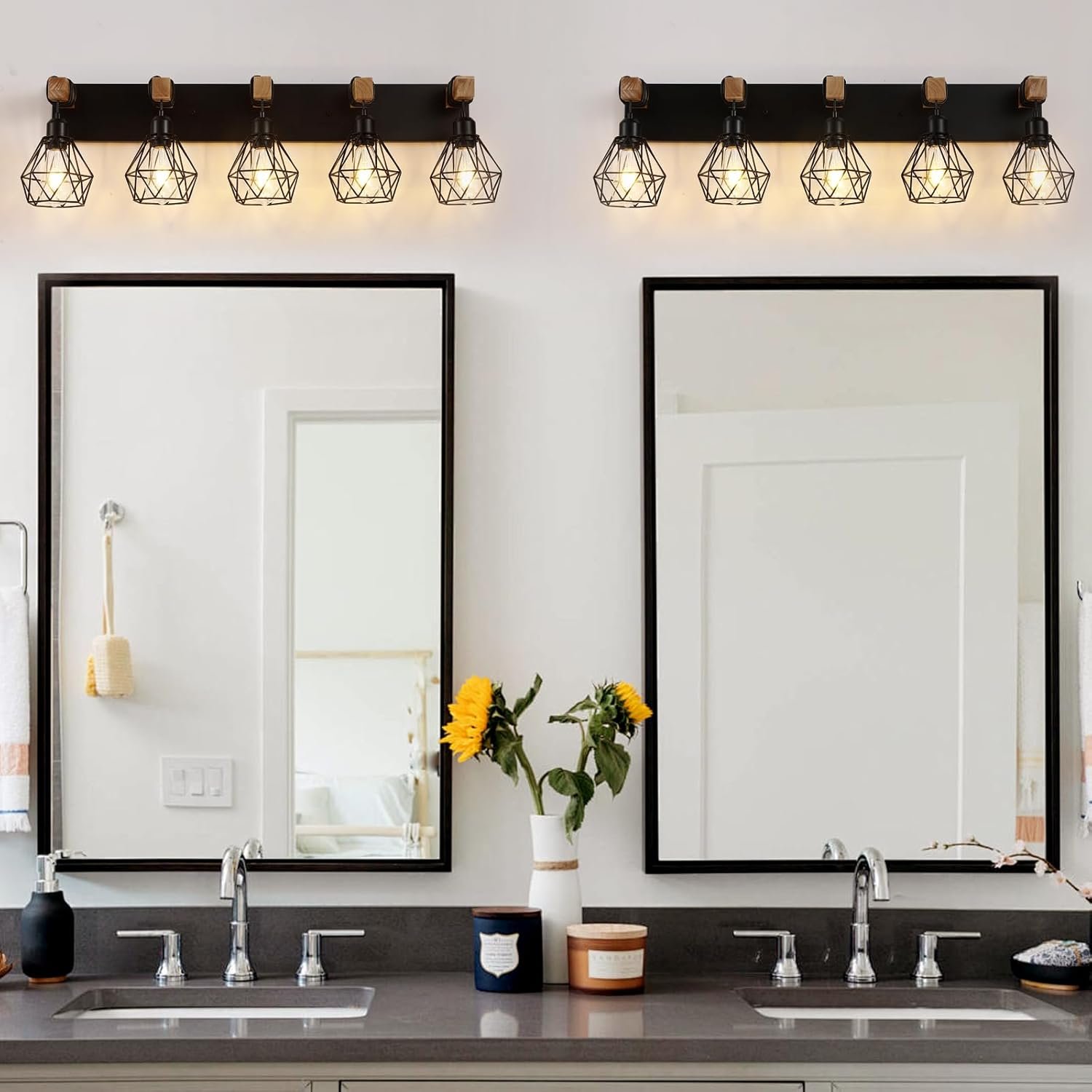 Lámpara de tocador de granja para baño, 3 luces de madera para tocador de baño, apliques rústicos con pantalla de metal para sala de estar, dormitorio, pasillo - Imagen 78