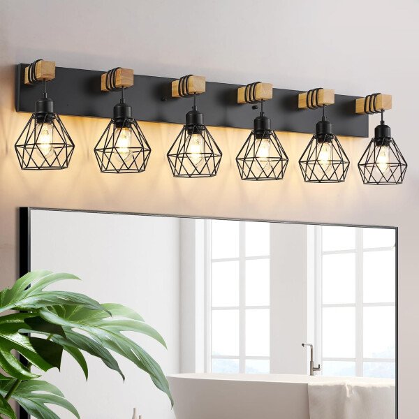 Lámpara de tocador de granja para baño, 3 luces de madera para tocador de baño, apliques rústicos con pantalla de metal para sala de estar, dormitorio, pasillo - Imagen 79