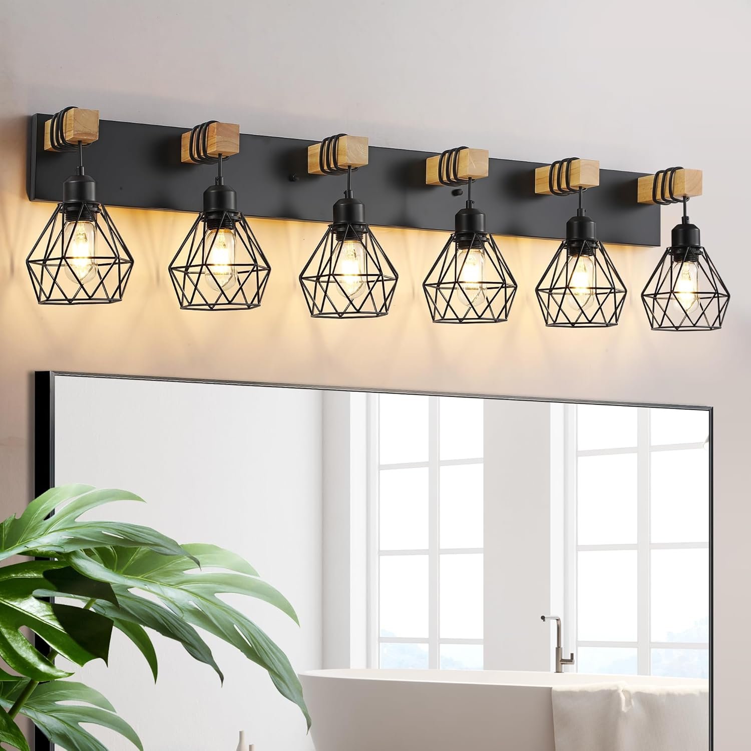 Lámpara de tocador de granja para baño, 3 luces de madera para tocador de baño, apliques rústicos con pantalla de metal para sala de estar, dormitorio, pasillo - Imagen 79