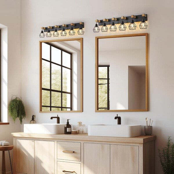 Lámpara de tocador de granja para baño, 3 luces de madera para tocador de baño, apliques rústicos con pantalla de metal para sala de estar, dormitorio, pasillo - Imagen 80