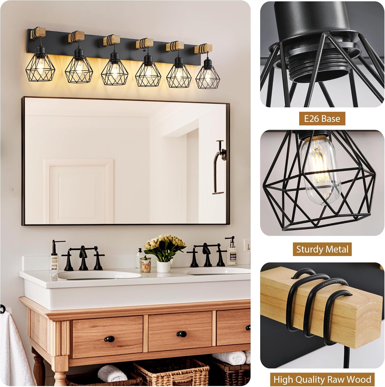 Lámpara de tocador de granja para baño, 3 luces de madera para tocador de baño, apliques rústicos con pantalla de metal para sala de estar, dormitorio, pasillo - Imagen 81