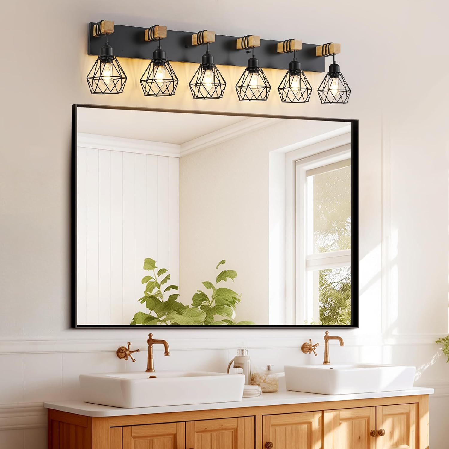 Lámpara de tocador de granja para baño, 3 luces de madera para tocador de baño, apliques rústicos con pantalla de metal para sala de estar, dormitorio, pasillo - Imagen 84