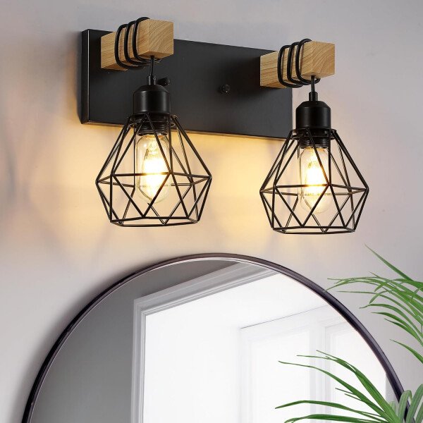 Lámpara de tocador de granja para baño, 3 luces de madera para tocador de baño, apliques rústicos con pantalla de metal para sala de estar, dormitorio, pasillo - Imagen 86