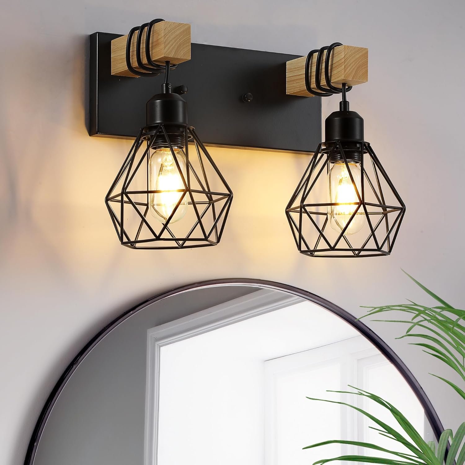 Lámpara de tocador de granja para baño, 3 luces de madera para tocador de baño, apliques rústicos con pantalla de metal para sala de estar, dormitorio, pasillo - Imagen 86