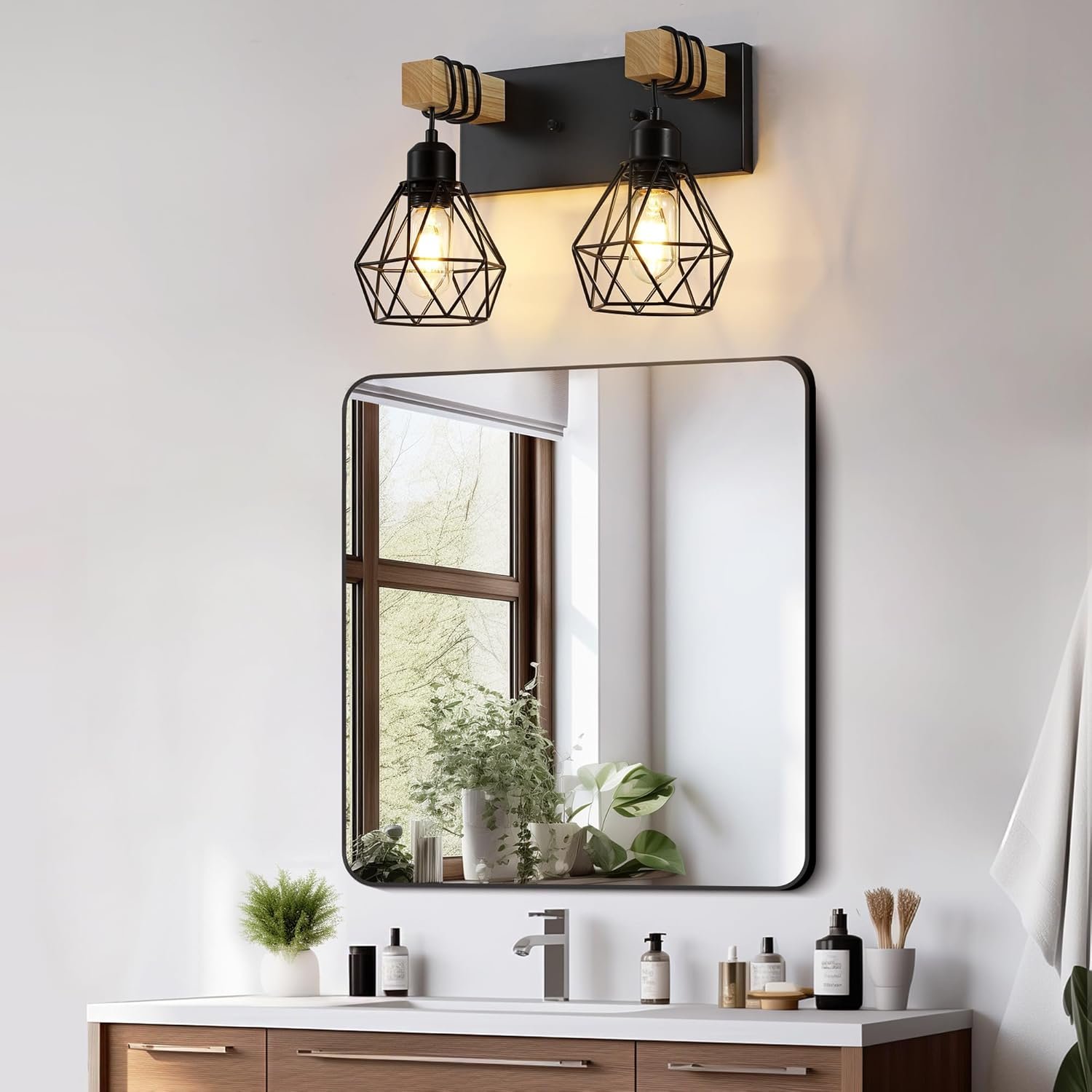 Lámpara de tocador de granja para baño, 3 luces de madera para tocador de baño, apliques rústicos con pantalla de metal para sala de estar, dormitorio, pasillo - Imagen 87