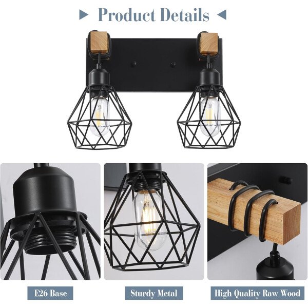 Lámpara de tocador de granja para baño, 3 luces de madera para tocador de baño, apliques rústicos con pantalla de metal para sala de estar, dormitorio, pasillo - Imagen 89