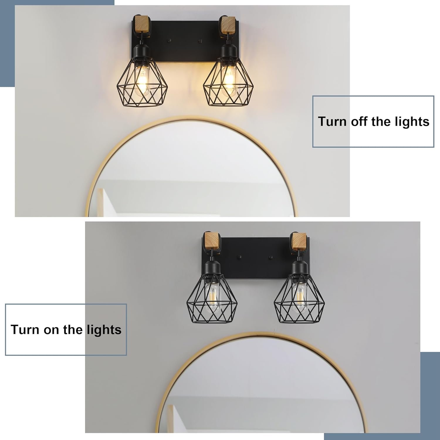 Lámpara de tocador de granja para baño, 3 luces de madera para tocador de baño, apliques rústicos con pantalla de metal para sala de estar, dormitorio, pasillo - Imagen 90