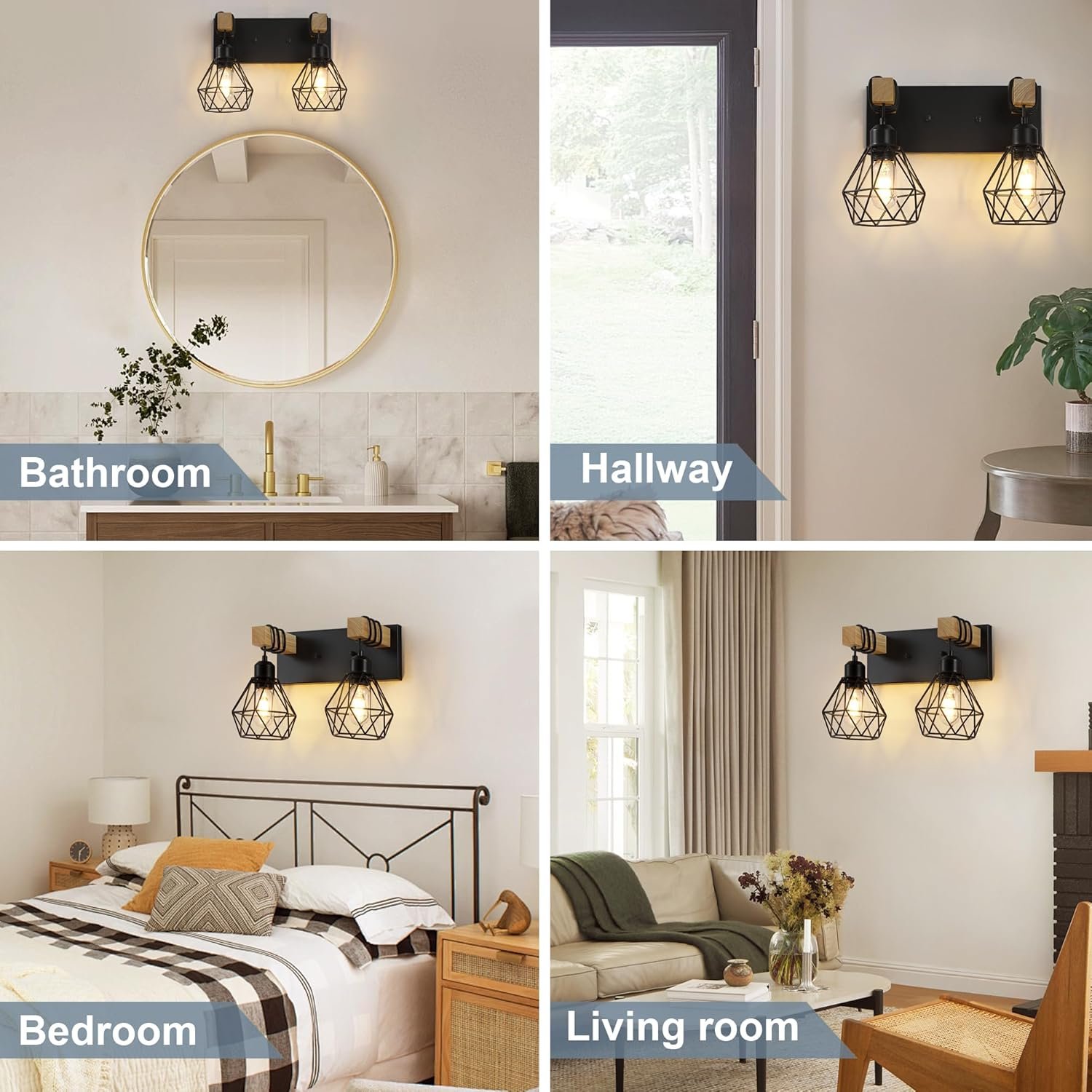 Lámpara de tocador de granja para baño, 3 luces de madera para tocador de baño, apliques rústicos con pantalla de metal para sala de estar, dormitorio, pasillo - Imagen 91