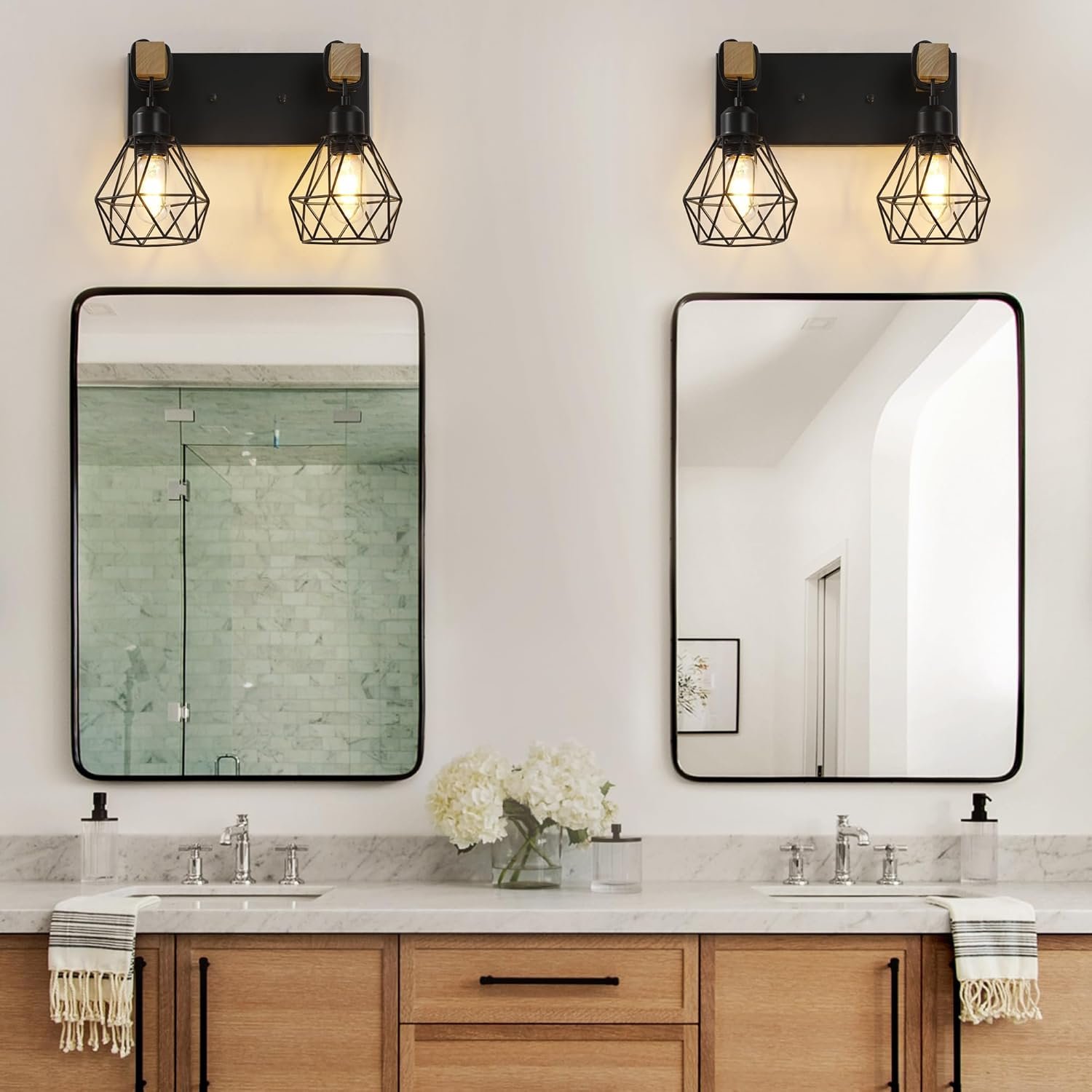 Lámpara de tocador de granja para baño, 3 luces de madera para tocador de baño, apliques rústicos con pantalla de metal para sala de estar, dormitorio, pasillo - Imagen 92