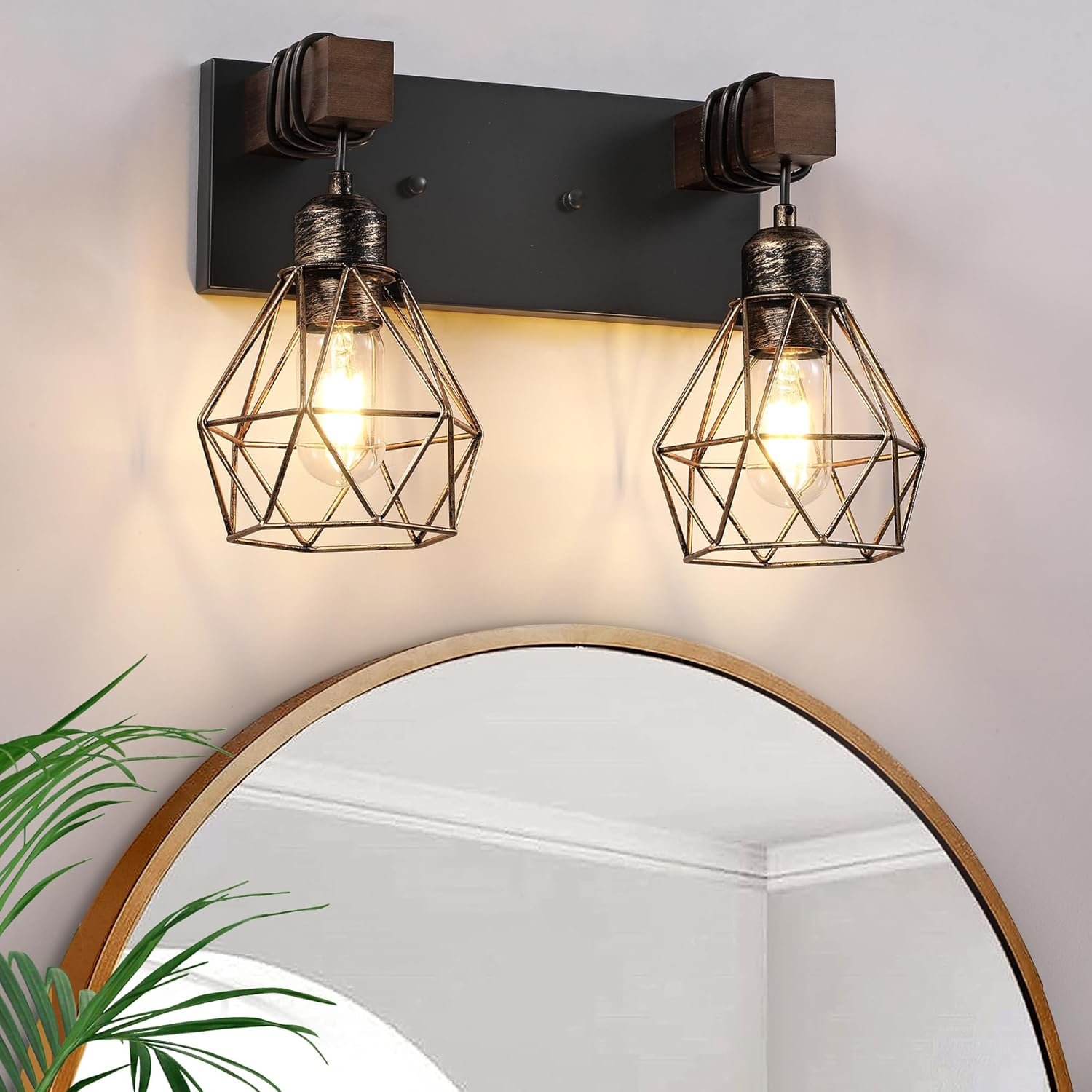 Lámpara de tocador de granja para baño, 3 luces de madera para tocador de baño, apliques rústicos con pantalla de metal para sala de estar, dormitorio, pasillo - Imagen 93