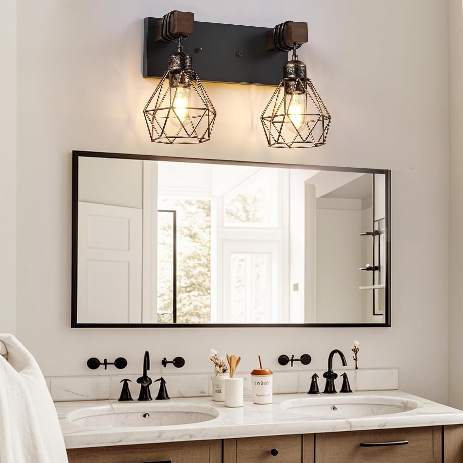 Lámpara de tocador de granja para baño, 3 luces de madera para tocador de baño, apliques rústicos con pantalla de metal para sala de estar, dormitorio, pasillo - Imagen 94