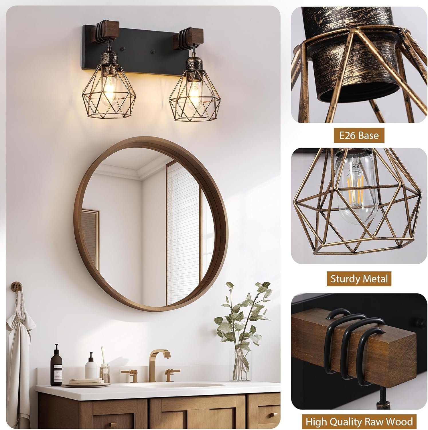 Lámpara de tocador de granja para baño, 3 luces de madera para tocador de baño, apliques rústicos con pantalla de metal para sala de estar, dormitorio, pasillo - Imagen 95