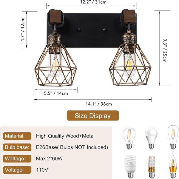 Lámpara de tocador de granja para baño, 3 luces de madera para tocador de baño, apliques rústicos con pantalla de metal para sala de estar, dormitorio, pasillo - Imagen 96