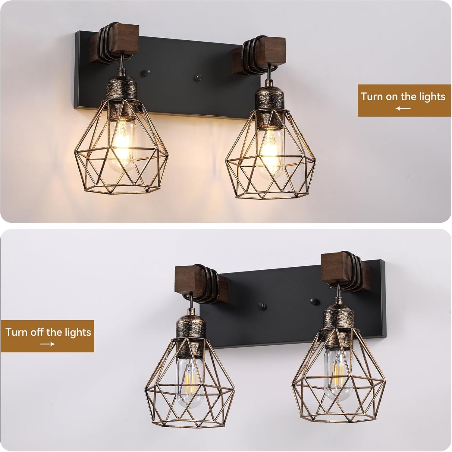 Lámpara de tocador de granja para baño, 3 luces de madera para tocador de baño, apliques rústicos con pantalla de metal para sala de estar, dormitorio, pasillo - Imagen 97